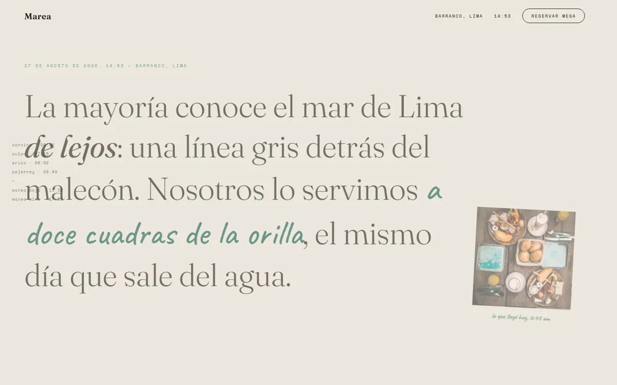 Web de MAREA: página editorial con un párrafo en serif sobre el mar de Lima y una foto de mariscos del día.